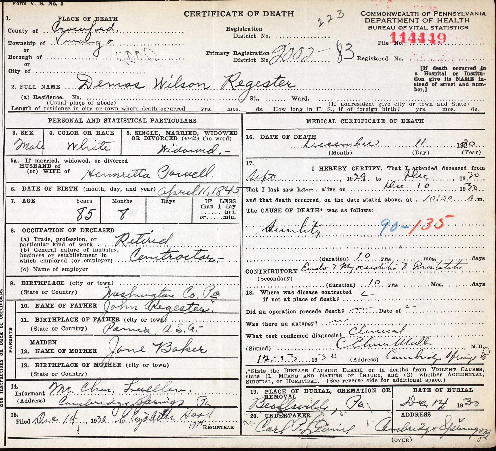 Demas Wilson Regester